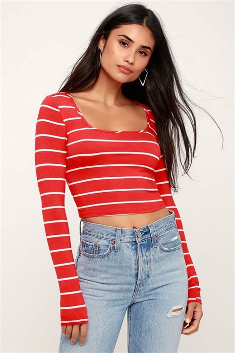 Marin Red And White Striped Long Sleeve Crop Top Casual Outfits For Teens Casual Chic Outfit