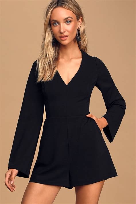 Chic Black Romper Black Long Sleeve Romper V Neck Romper Lulus