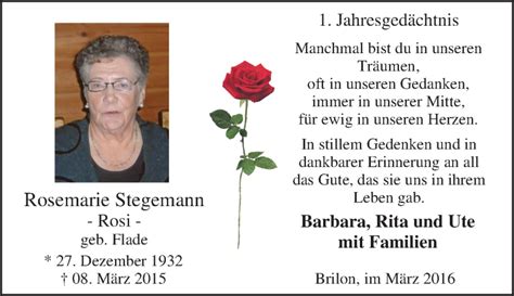 Traueranzeigen Von Rosemarie Stegemann Trauer In Nrw De