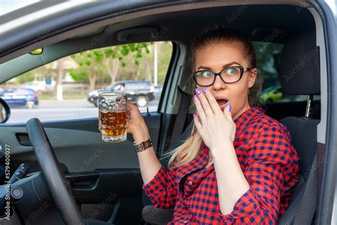 Drunk Woman Drives A Car The Woman Was Caught Drinking Alcohol While Driving Drunken Driving