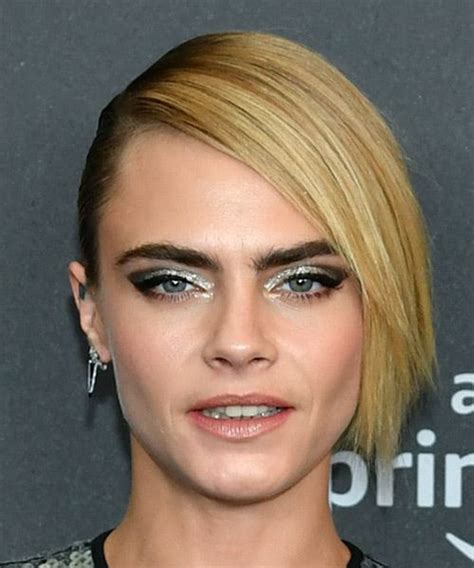 Cara Delevingne Short Straight Blonde Asymmetrical Updo Hairstyle With