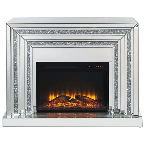 Acme Furniture Noralie 90523 Glam Electric Fireplace With Mirrored Panels And Faux Crystals