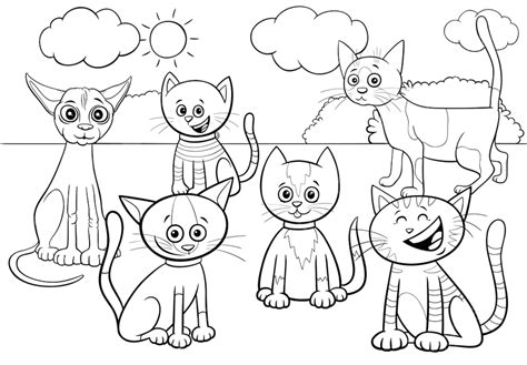 รูปภาพประกอบการ์ตูนขาวดำของแมวและลูกแมว กลุ่มตัวละครสัตว์การ์ตูนในหน้า
