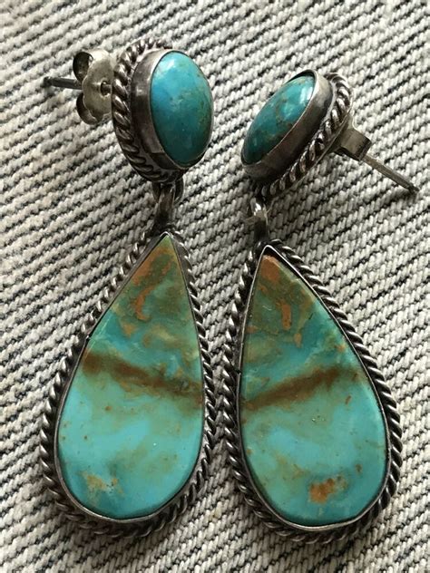 Vintage Turquoise Native American Post Dangle Earrings Navajo Sterling