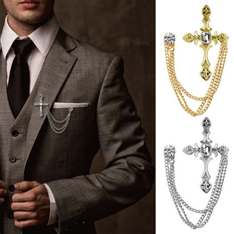 2021 Mens Rhinestone Cross Chain Brooch Lapel Pin Shirt Suit Wedding