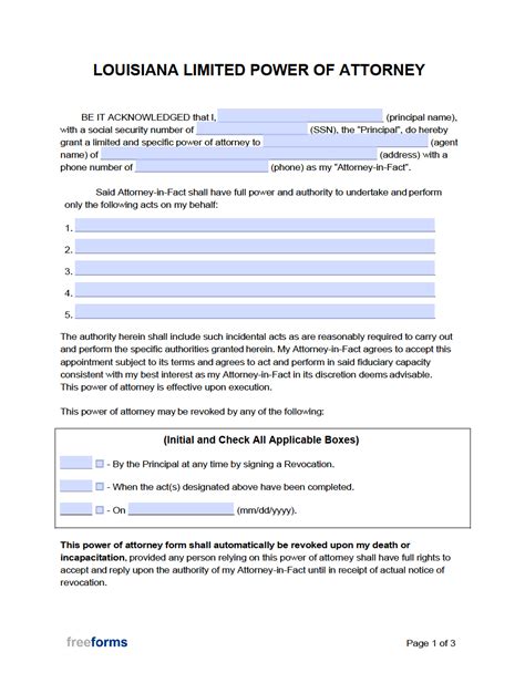 Free Louisiana Limited Special Power Of Attorney Form PDF WORD