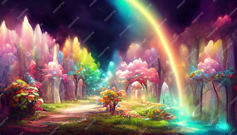 Premium Photo Magical Rainbow In Fairy Tale Forest As Fantasy Wallpaper