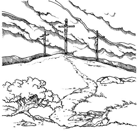 Three Crosses On A Hill Page Coloring Pages