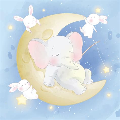 Cute Elephant With Bunnies On The Moon Illustration 2067386 Vector Art