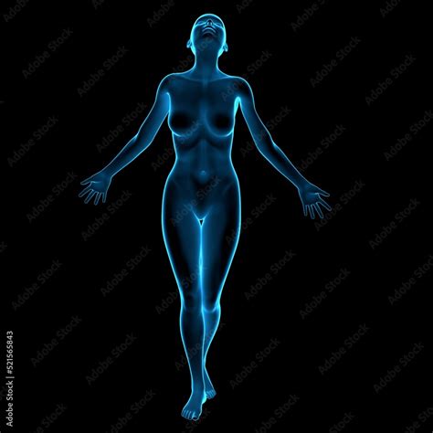 Holographic X Ray Naked Woman Mannequin In A Freedom Pose Looking Up