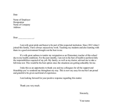 Resignation Letter Format Reason Health Problem Dleret