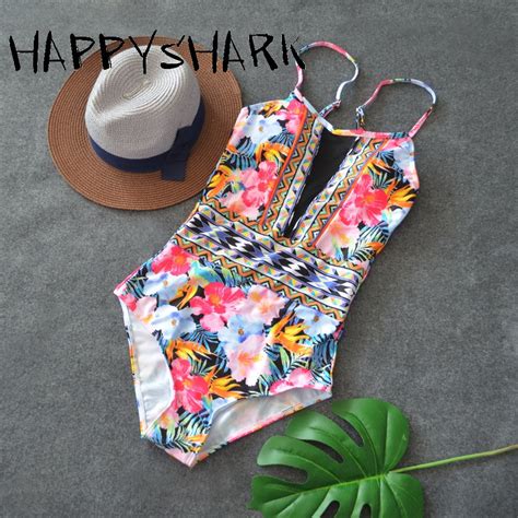 happy shark 2018 new women s swimsuits vintage floral printed one piece swimwear push up