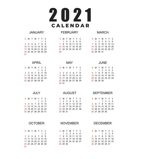2021 Calendar Printable 12 Months All In One Calendar 2021