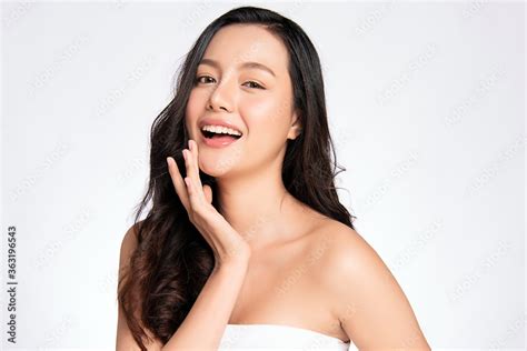 Beauty Face Smiling Asian Woman Touching Healthy Skin Portrait