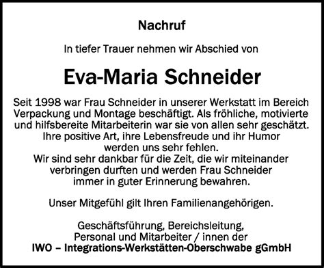 Traueranzeigen Von Eva Maria Schneider Schwaebischede Trauerportal