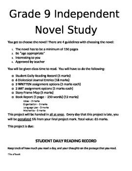 How to study a novel. Grade 9 Independent Novel Study by Manitoba High School ...