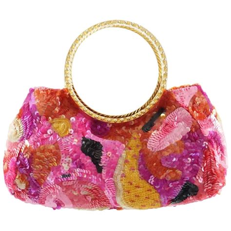 Badgley Mischka Pink And Red Sequin Evening Bag With Gold Handles At