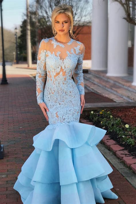 elegant long sleeves mermaid blue lace layered prom dress open back okdresses