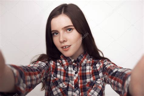 Selfie Time Young Smiling Light Brown Haired Lady Doing Selfie Stock