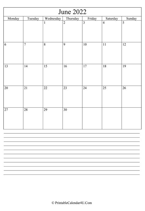 Printable June Calendar 2022 With Notes Portrait