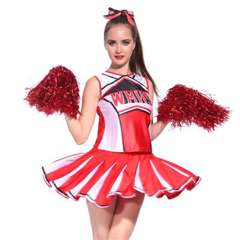 Ladies Glee Cheerleader School Girl Fancy Dress Uniform Costume Pom Poms X2 Uk Ebay