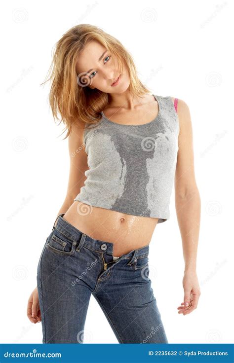 Fille De Jeans Dans La Chemise Humide Photo Stock Image Du Fond N Gligent