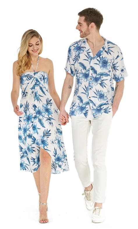 couple matching hawaiian luau shirt and halter dress in tropical patterns