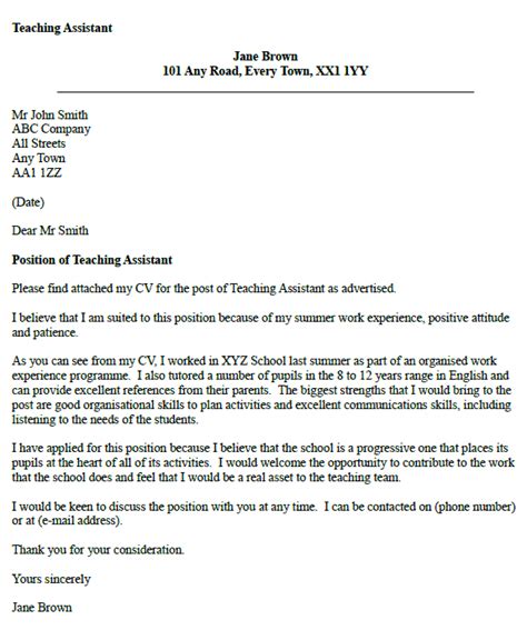 Teaching Assistant Cover Letter Example Uk