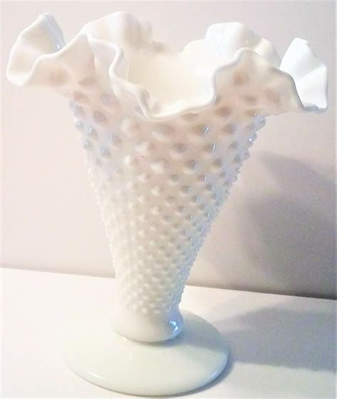 Fenton White Milk Glass Hobnail Ruffled Edge Marked Flower Vase 7 1 2 Tall Antique Price