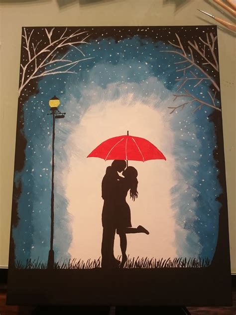 Acrylic Painting Romantic Couple Lovers Red Umbrella Painted By