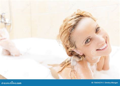 Smiling Caucasian Blond Woman Taking Bathtub With Foam Stock Photo Image Of Pleasure Bathing