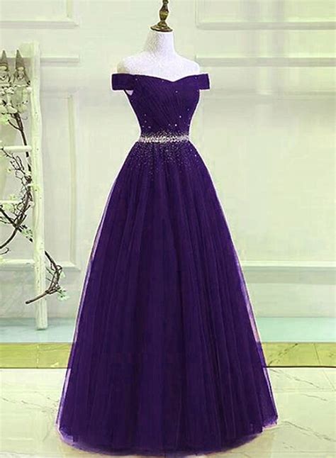 Dark Purple Tulle Long Party Dress A Line Beaded Formal Dress 2020
