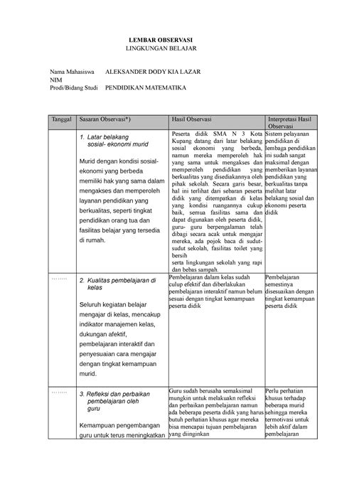 Lembar Observasi Lingkungan Belajar Di Sekolah Lembar Observasi