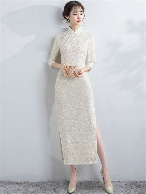 white lace long qipao cheongsam dress with split women silk dress cheongsam dress chinese
