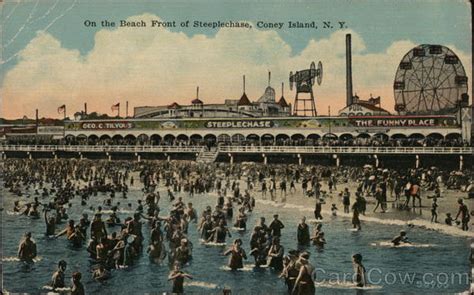4 the first ferris wheel in coney island was built for nearby steeplechase park in 1894 and was erroneously billed as the world's largest. On the Beach Front of Steeplechase Coney Island, NY Postcard