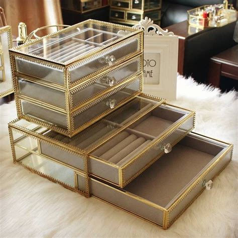 Luxury Jewelry Storage Box Glass Copper Edge Desktop Jewelry Box