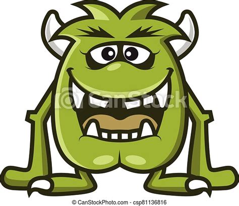 Cartoon Cute Green Monster With Horn Laughing Halloween Vector