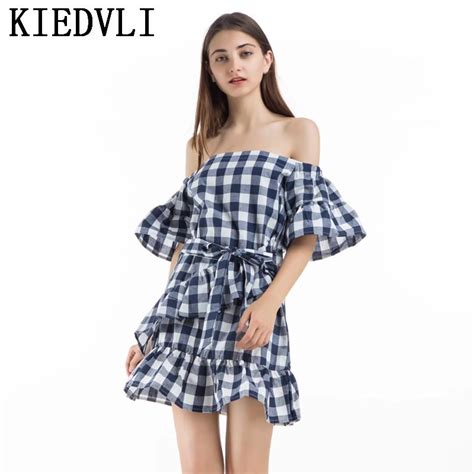 kiedvli fashion slash neck plaid dress women short flare sleeve ruffles off shoulder dresses