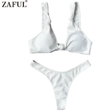 Zaful Knotted Textured Bralette Thong Bikini Set Women Swimwear 2017