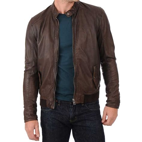 Mens Brown Lambskin Leather Bomber Motorcycle Jacket Jacket Empire