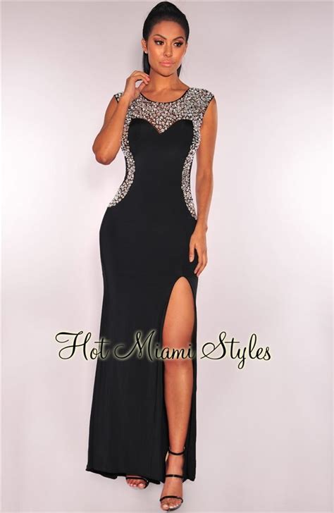 Black Sheer Mesh Rhinestone Padded Gown Hot Dress Clothes For Women