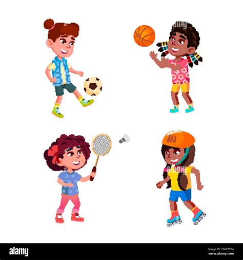 Girls Children Playing Sportive Game Set Vector Stock Vector Image