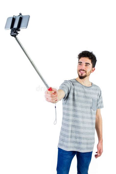 Casual Man Using A Selfie Stick Stock Image Image Of Clothing Adult