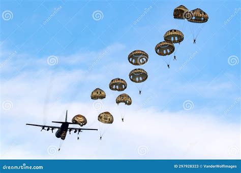 Military Parachutist Paratroopers Parachute Jumping Out Of An Air Force