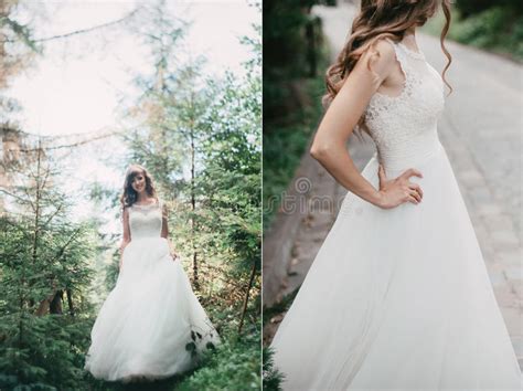 Beautiful Young Bride In White Dress Walking Through The Forest Stock