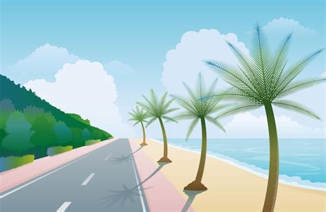 Premium Vector Seaside Beach Road With Palm Trees Background