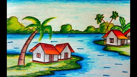 Scenery Village Very Easy Oil Pastel Drawing Drawing With Oil Pastels
