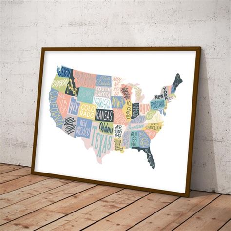 Us Map Wall Art Printable United States Map Print Black And Etsy