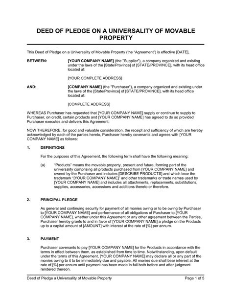 Deed Of Pledge Universality Of Movable Property Template By Business