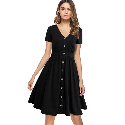 2018 Womens Fashion Summer Short Sleeve V Neck Vintage Midi Dress